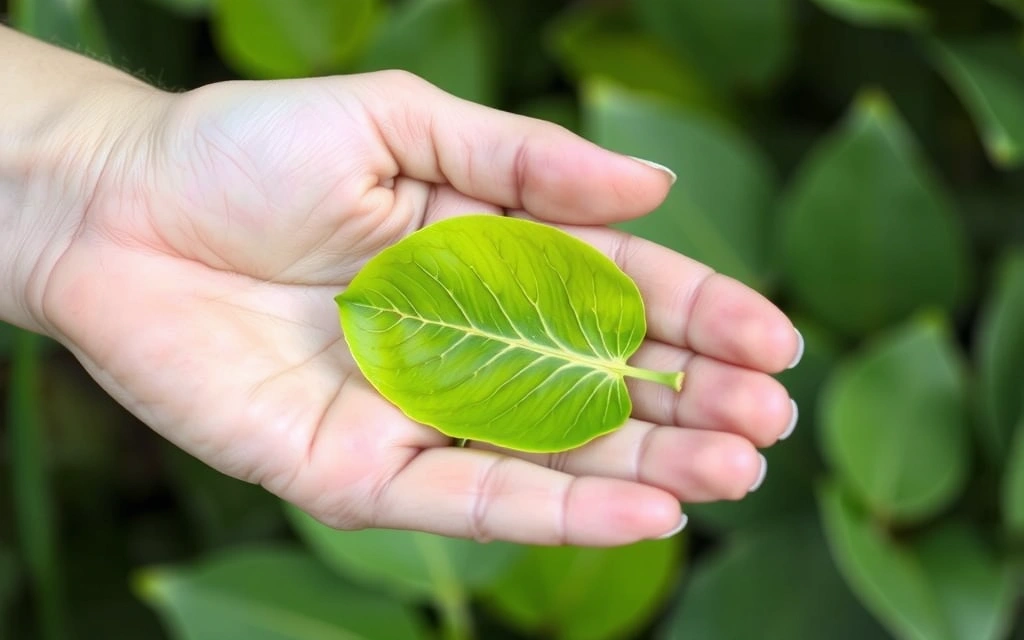 Close-up of a hand gently holding a green leaf, symbolizing natural purity and care