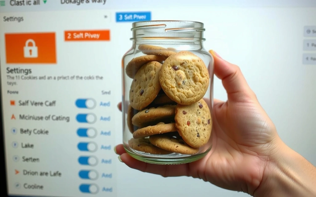 A hand holding a clear glass jar filled with various types of cookies, with a soft focus background of a digital interface showing cookie settings.