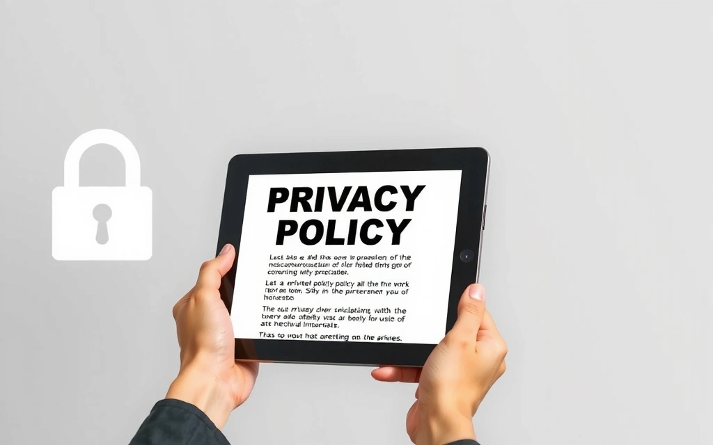 A person reviewing privacy policy documents on a tablet, with a secure padlock icon in the background.